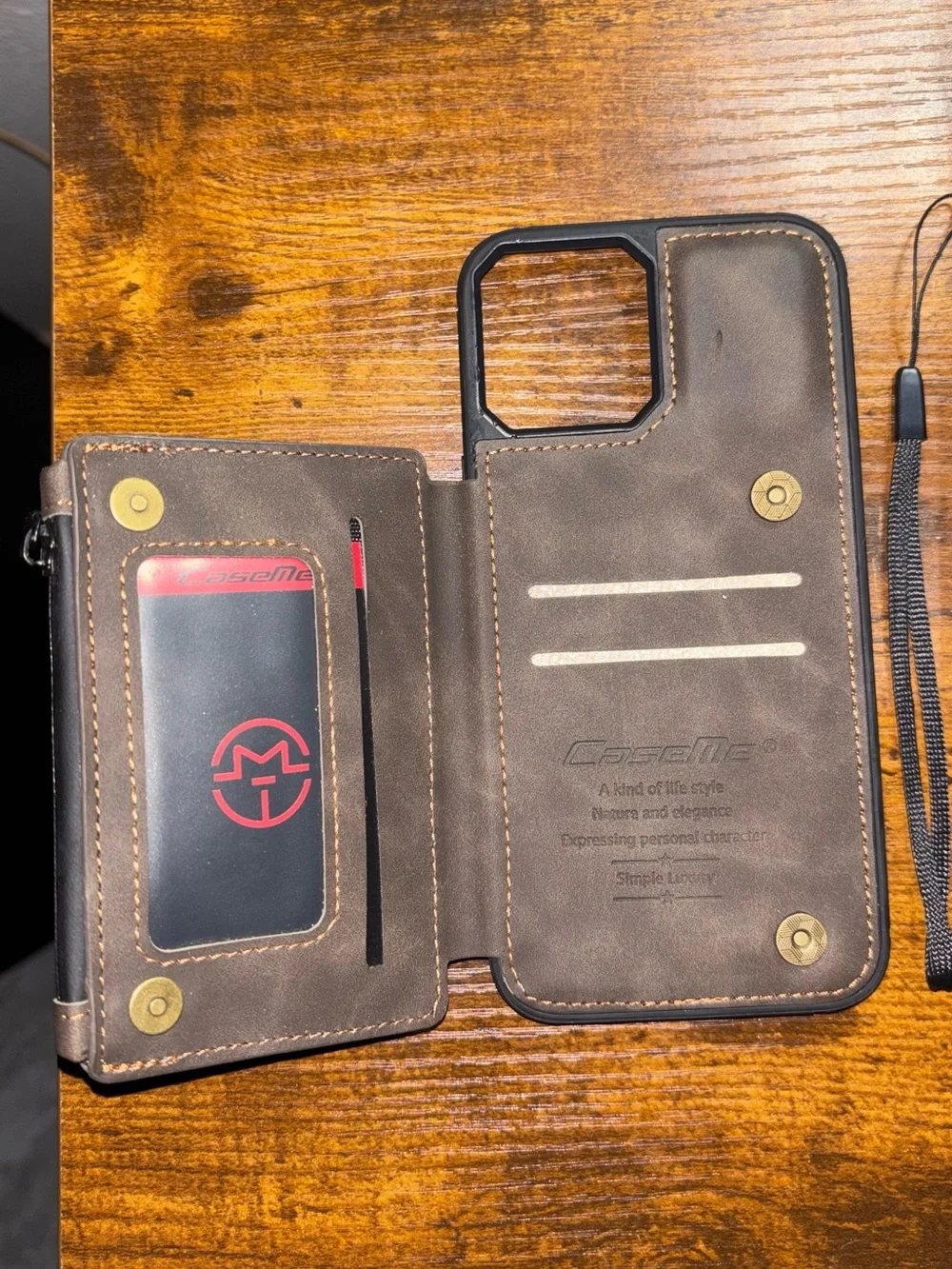 12 Pro Max Leather Wallet Phone Case with Wrist Strap - Brown
